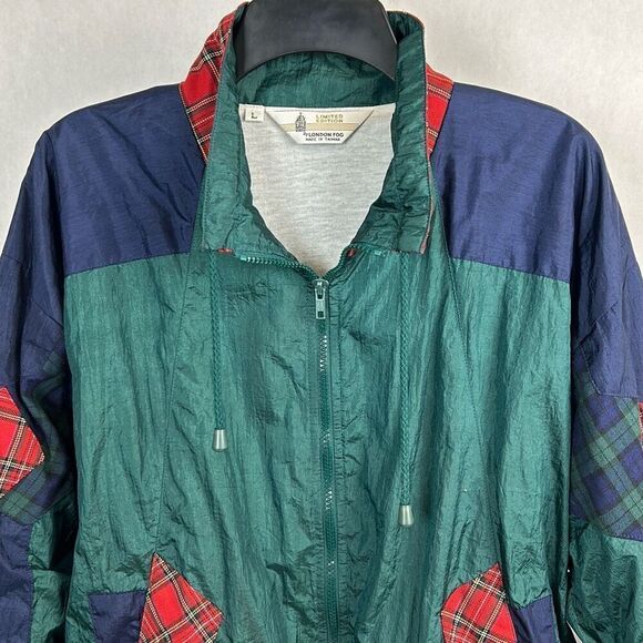 Vtg London Fog Windbreaker Jacket Sz Large Red Blue Plaid Patterns 80s 90s Track - Picture 2 of 11